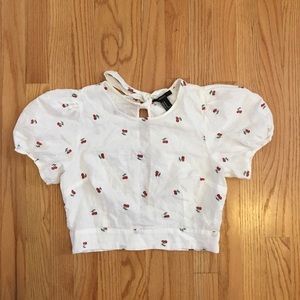 F21 Cherry Print, Puff Sleeve Crop Top - M